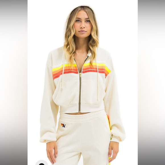 SOLD Aviator Nation: 5 STRIPE HOODIE & WIDE LEG SWEATPANTS -VINTAGE WHITE NEON - Picture 9 of 10